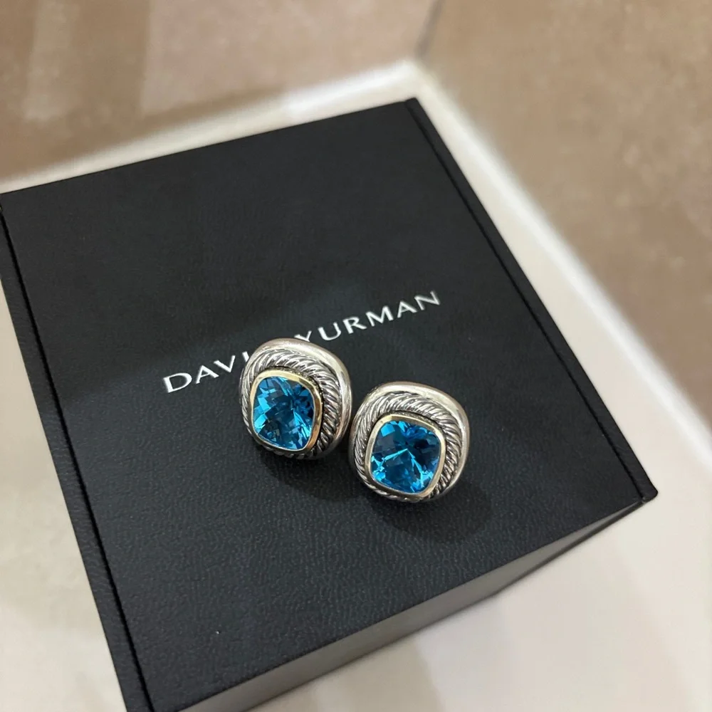 David Yurman Sterling Silver 925 14k Gold Blue Topaz Albion Earrings - Picture 2 of 7